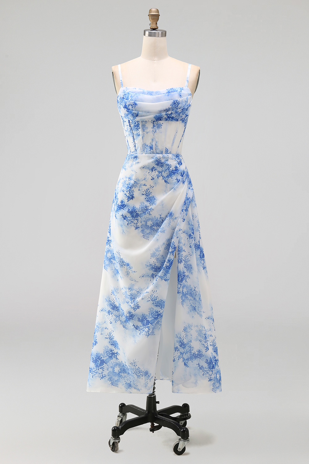 White Blue Flower Corset Floral A Line Maxi Wedding Guest Dress with Slit