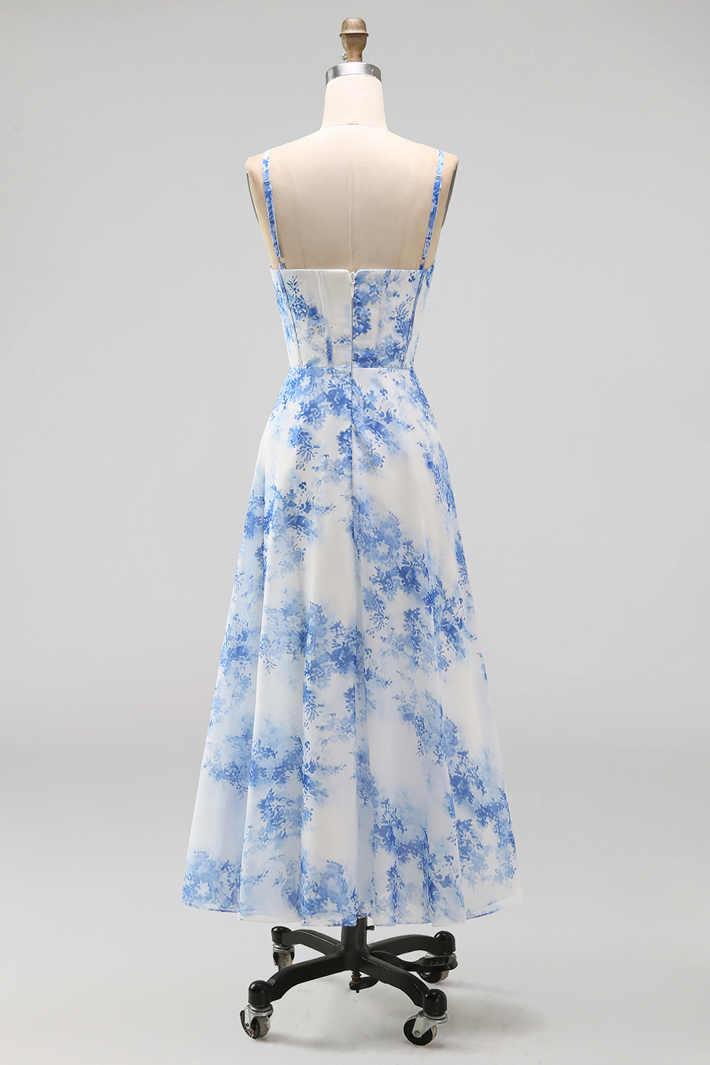 White Blue Flower Corset Floral A Line Maxi Wedding Guest Dress with Slit