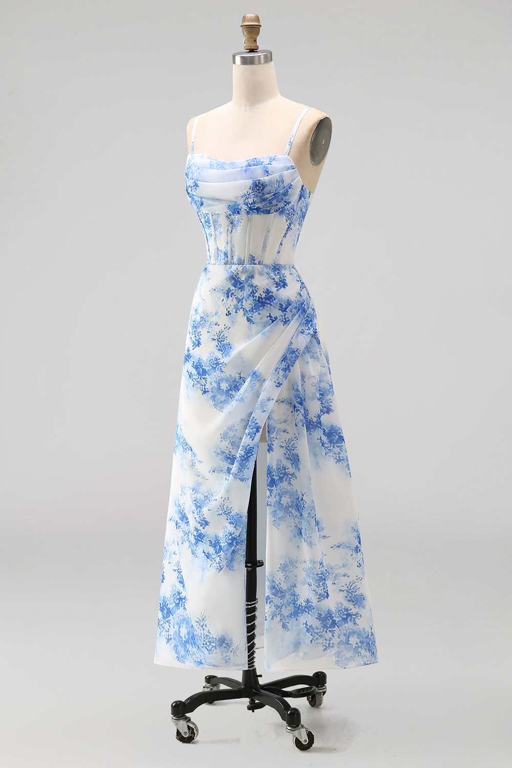 White Blue Flower Corset Floral A Line Maxi Wedding Guest Dress with Slit