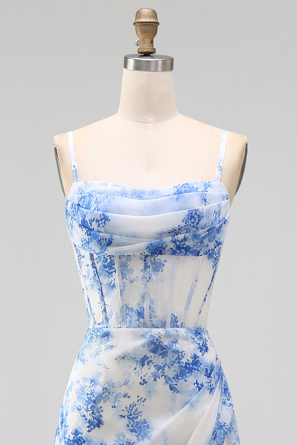 White Blue Flower Corset Floral A Line Maxi Wedding Guest Dress with Slit
