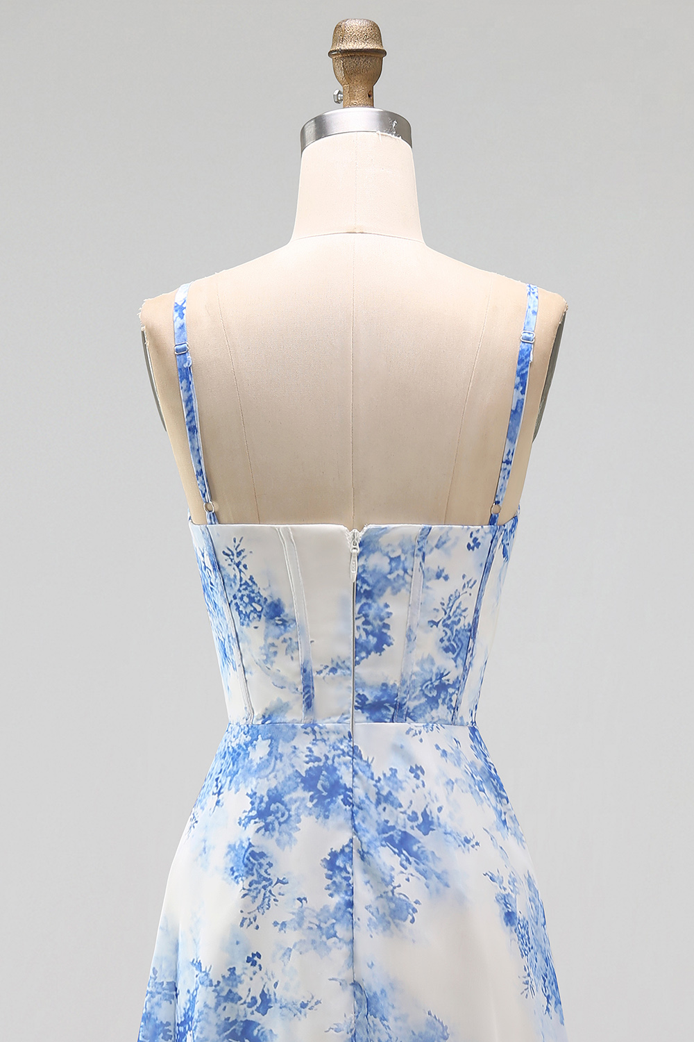 White Blue Flower Corset Floral A Line Maxi Wedding Guest Dress with Slit