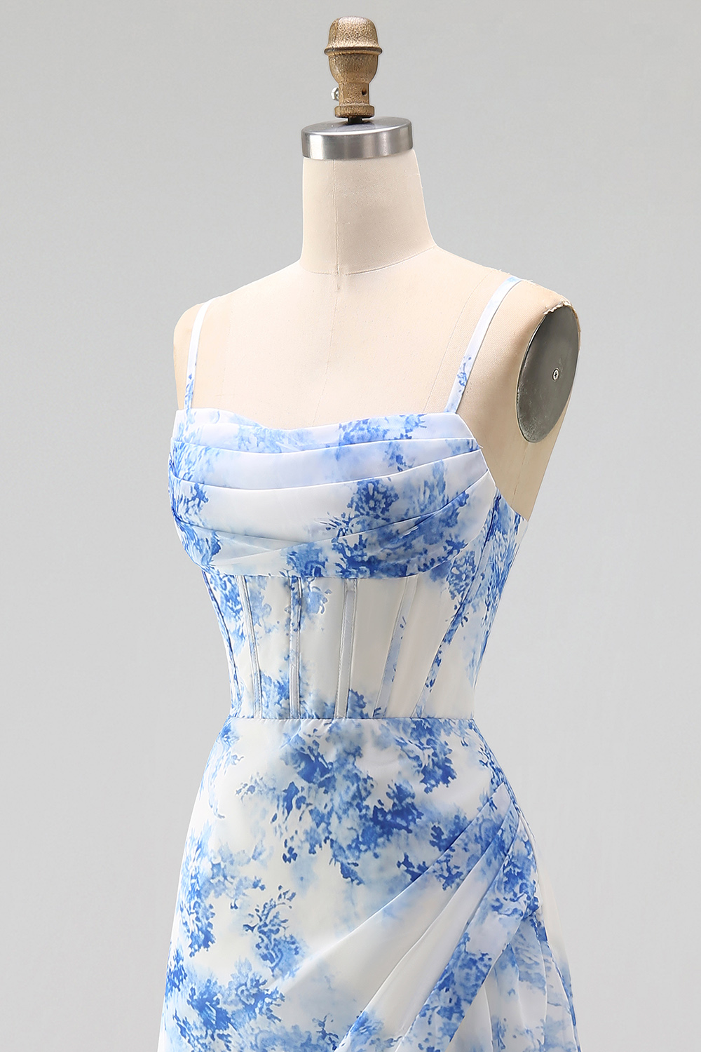 White Blue Flower Corset Floral A Line Maxi Wedding Guest Dress with Slit