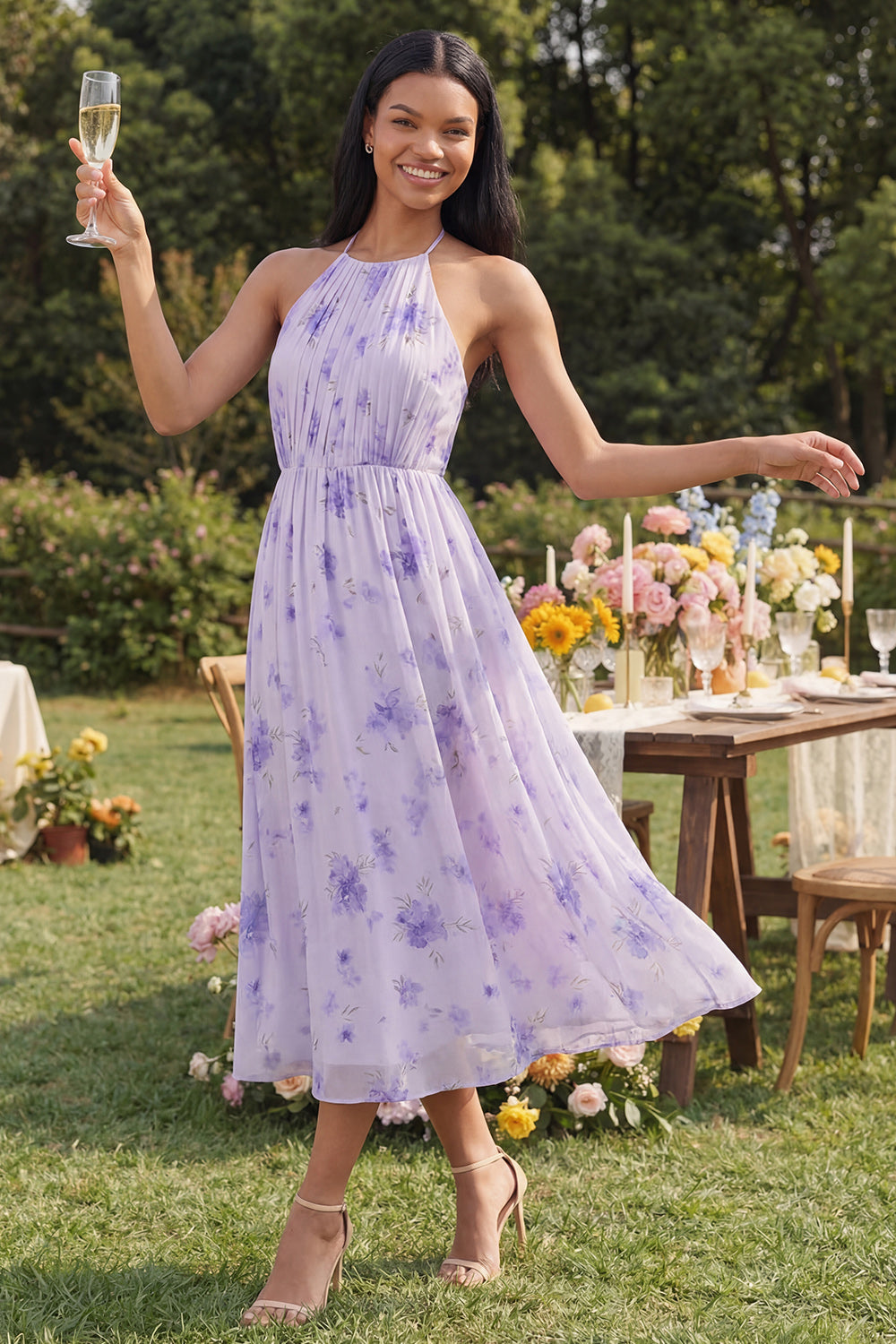 Halter Floral Maxi Lilac A Line Beach Wedding Guest Dress with Pleats