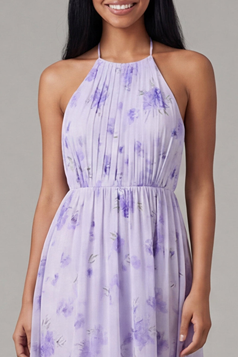 Halter Floral Maxi Lilac A Line Beach Wedding Guest Dress with Pleats