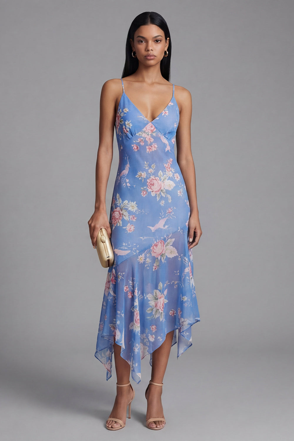 Blue Floral Spaghetti Straps Asymmetrical A Line Beach Wedding Guest Dress
