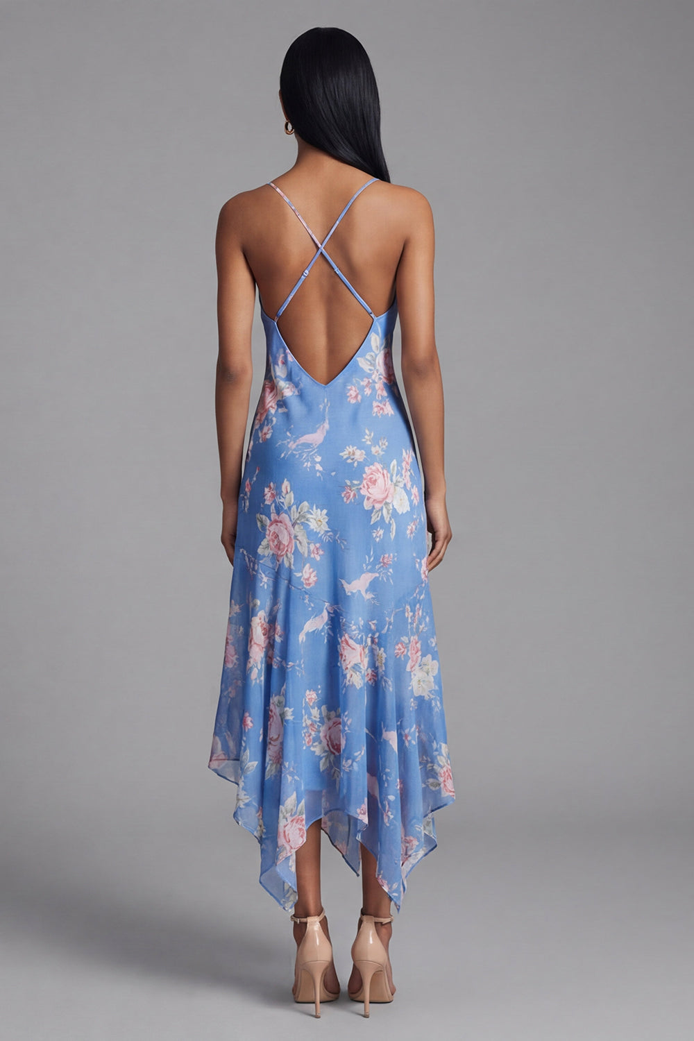 Blue Floral Spaghetti Straps Asymmetrical A Line Beach Wedding Guest Dress