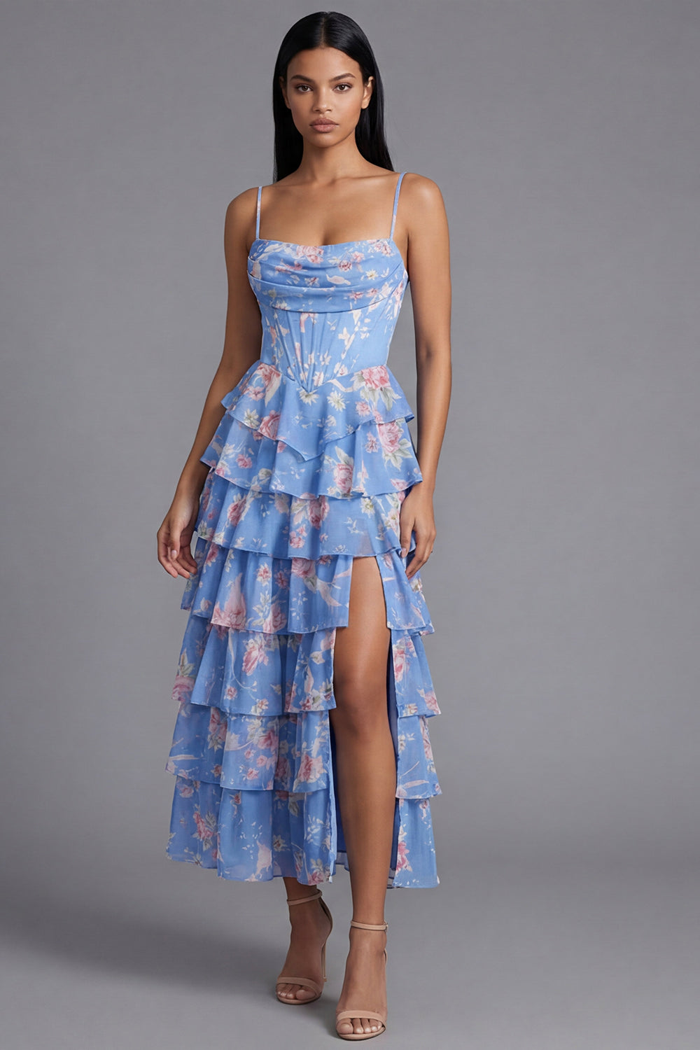Blue Floral Corset Maxi A Line Beach Wedding Guest Dress with Ruffles