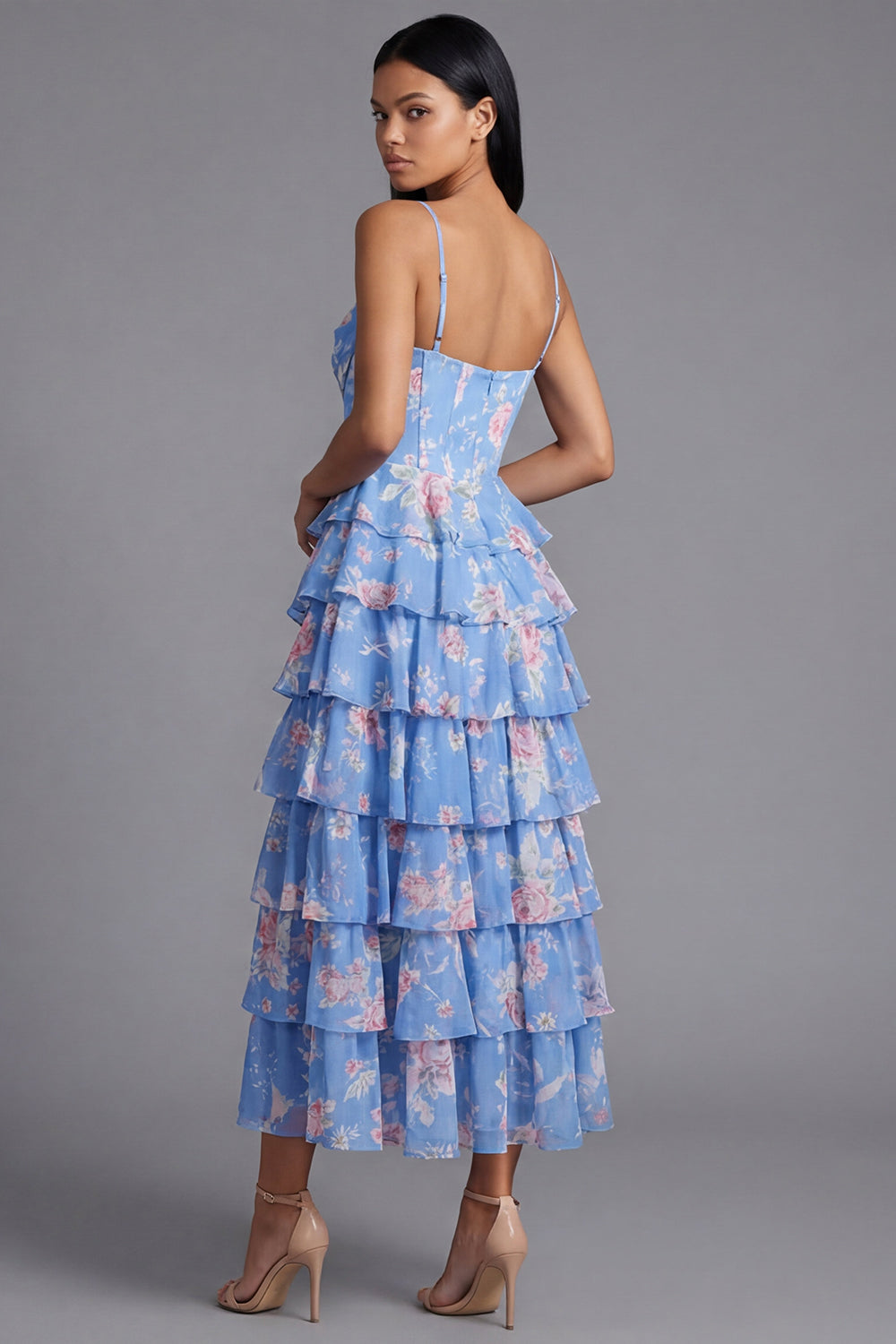 Blue Floral Corset Maxi A Line Beach Wedding Guest Dress with Ruffles