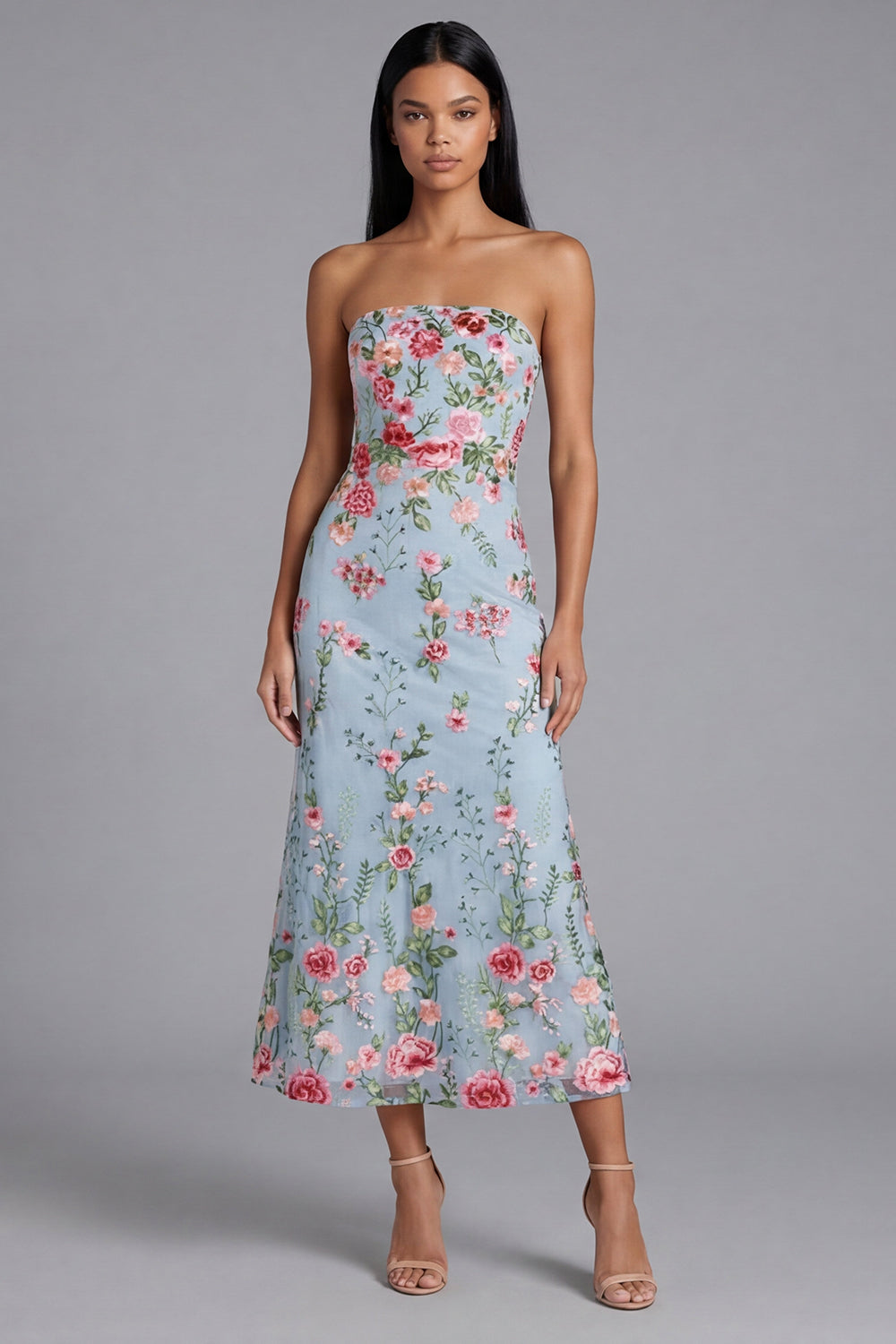 Blue Pink Flower Strapless Maxi Floral Mermaid Beach Wedding Guest Dress