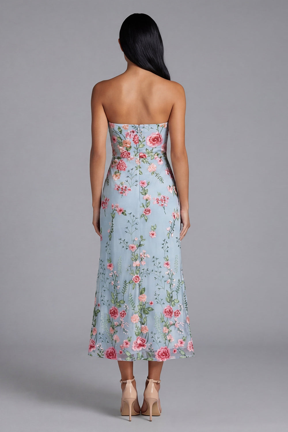 Blue Pink Flower Strapless Maxi Floral Mermaid Beach Wedding Guest Dress