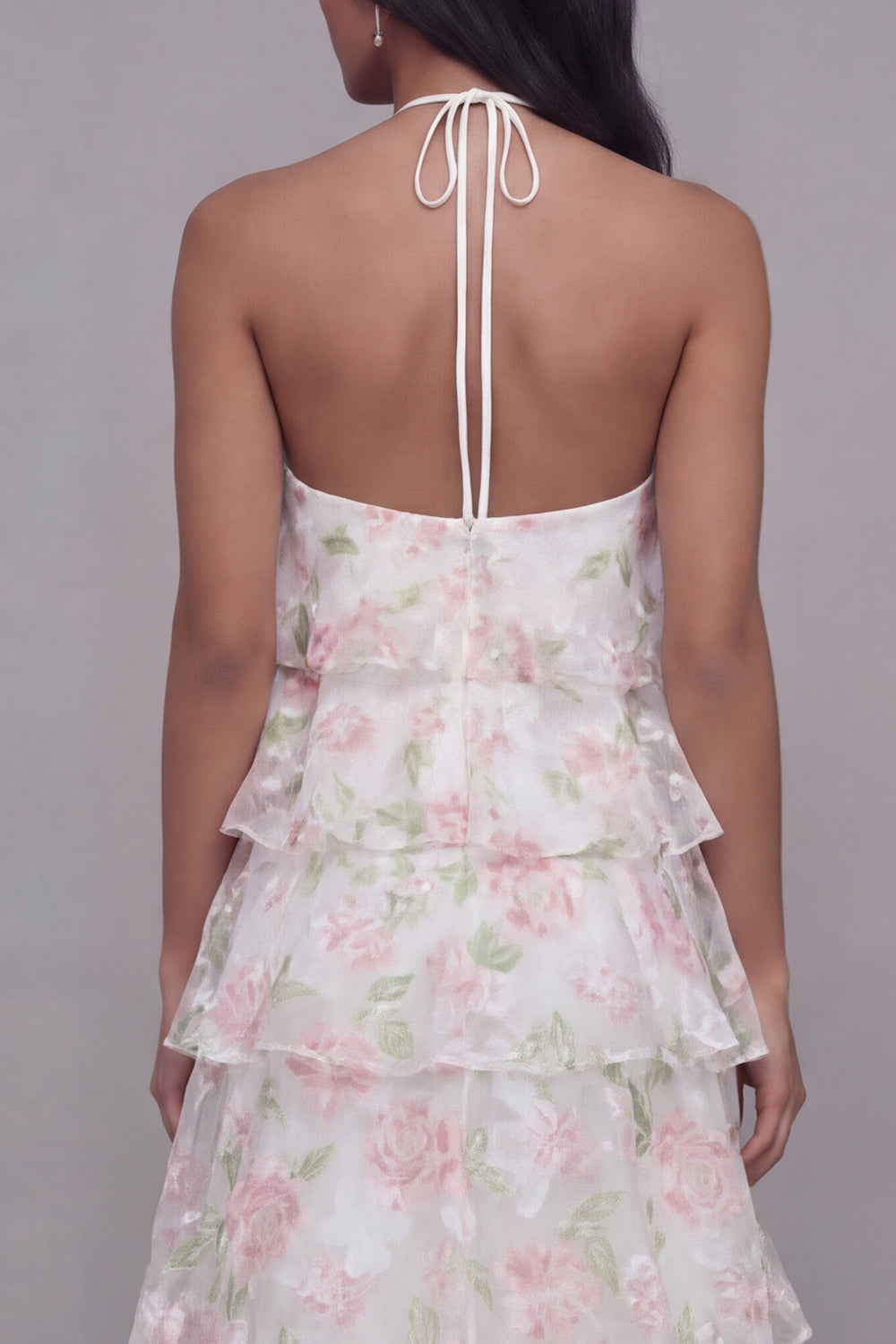 Floral White Pink Flower Maxi A Line Beach Wedding Guest Dress with Ruffles
