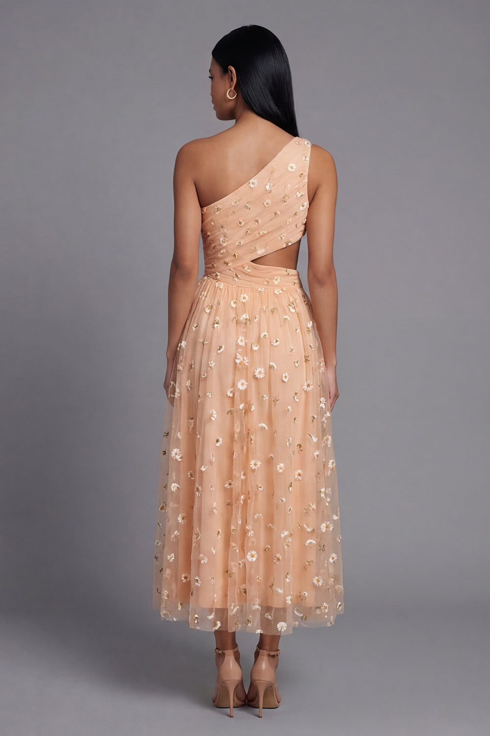 Light Orange Floral A Line Maxi Ruched Beach Wedding Guest Dress with Slit