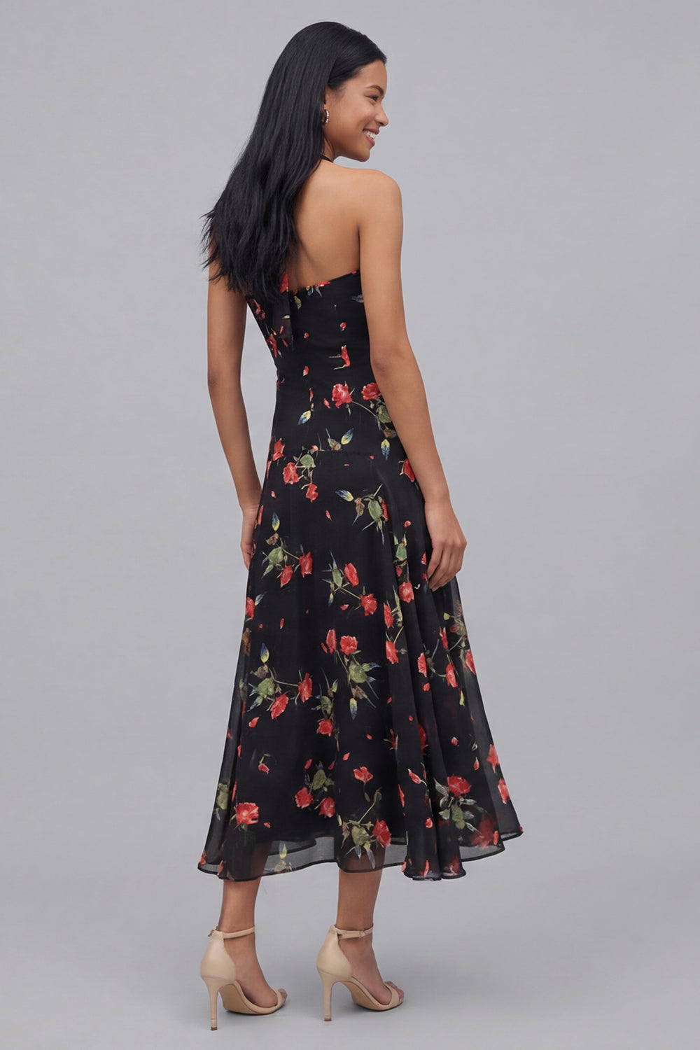 Black Halter Floral A Line Maxi Beach Wedding Guest Dress