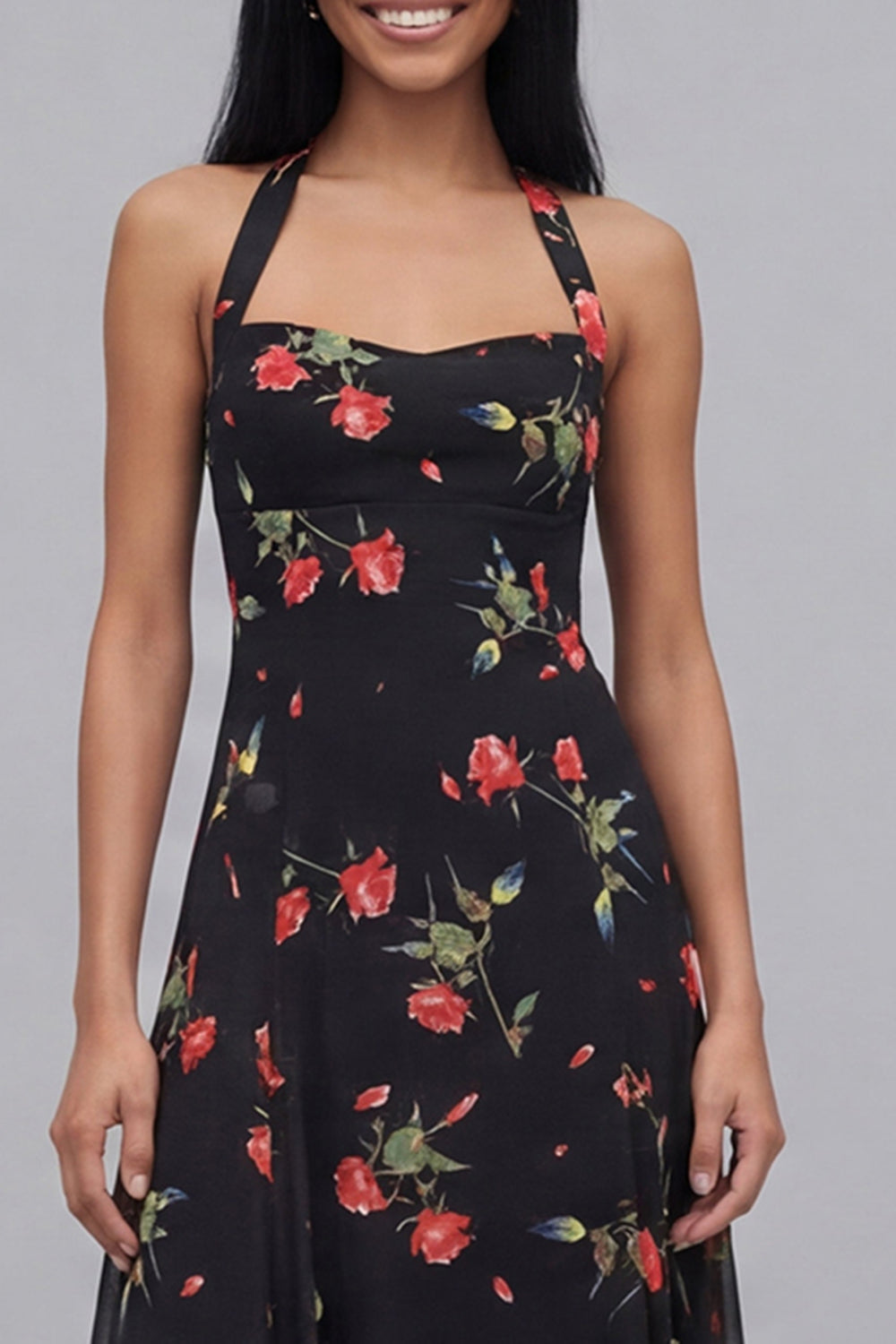 Black Halter Floral A Line Maxi Beach Wedding Guest Dress