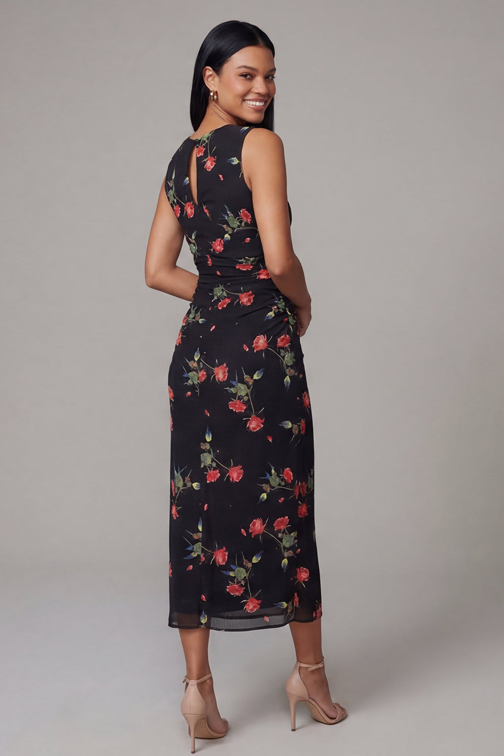 Black Floral Round Neck Sheath Maxi Ruched Beach Wedding Guest Dress