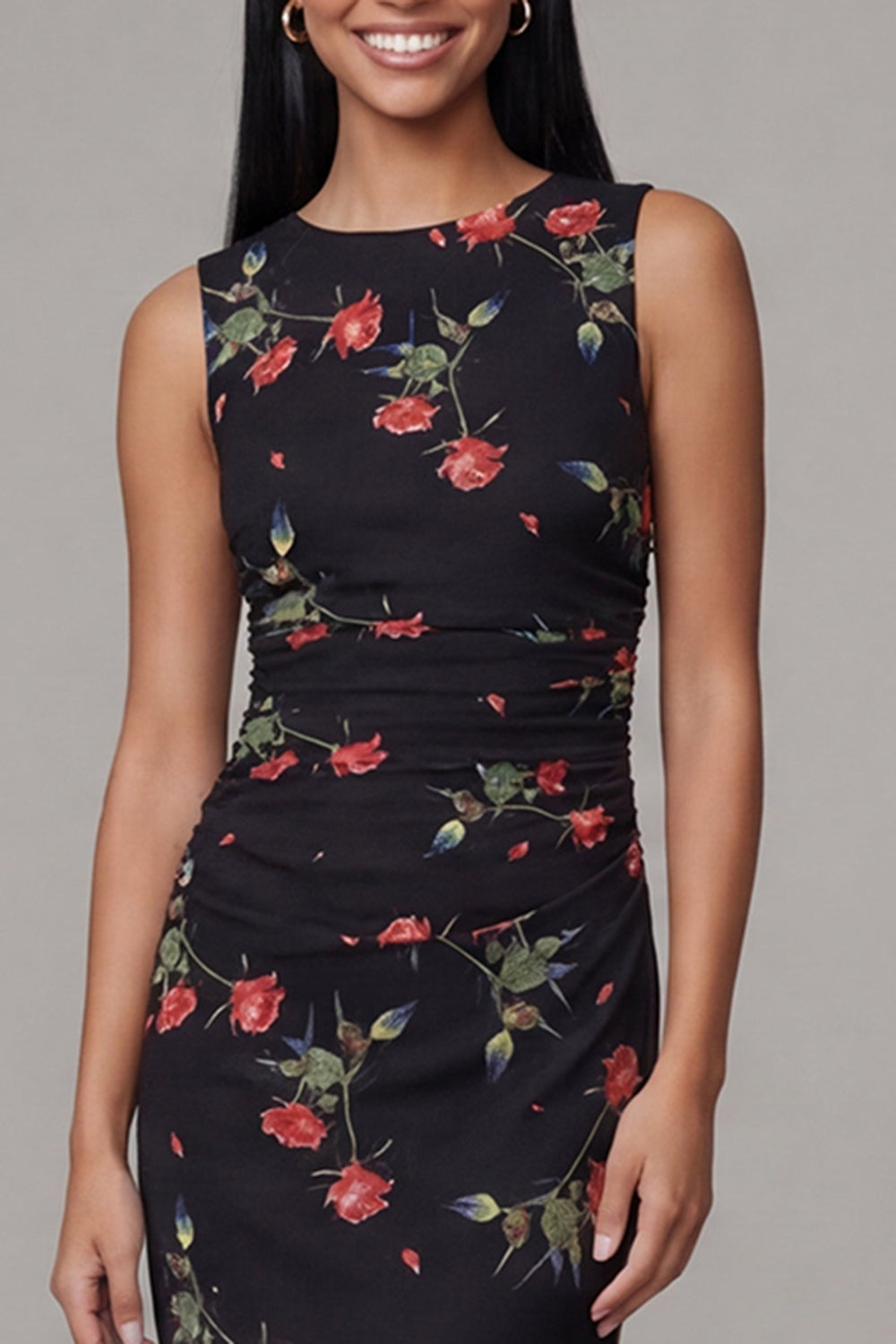 Black Floral Round Neck Sheath Maxi Ruched Beach Wedding Guest Dress