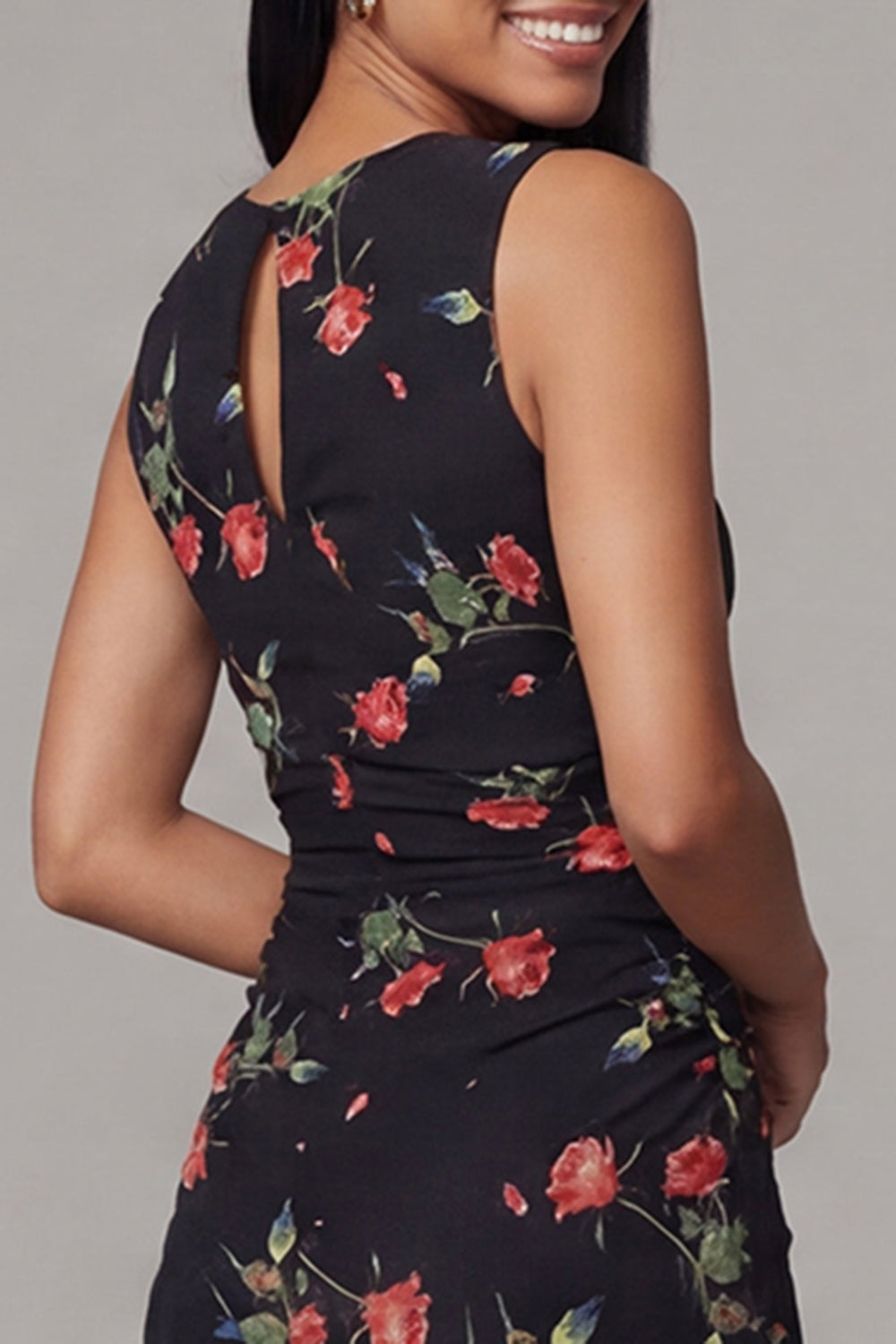 Black Floral Round Neck Sheath Maxi Ruched Beach Wedding Guest Dress