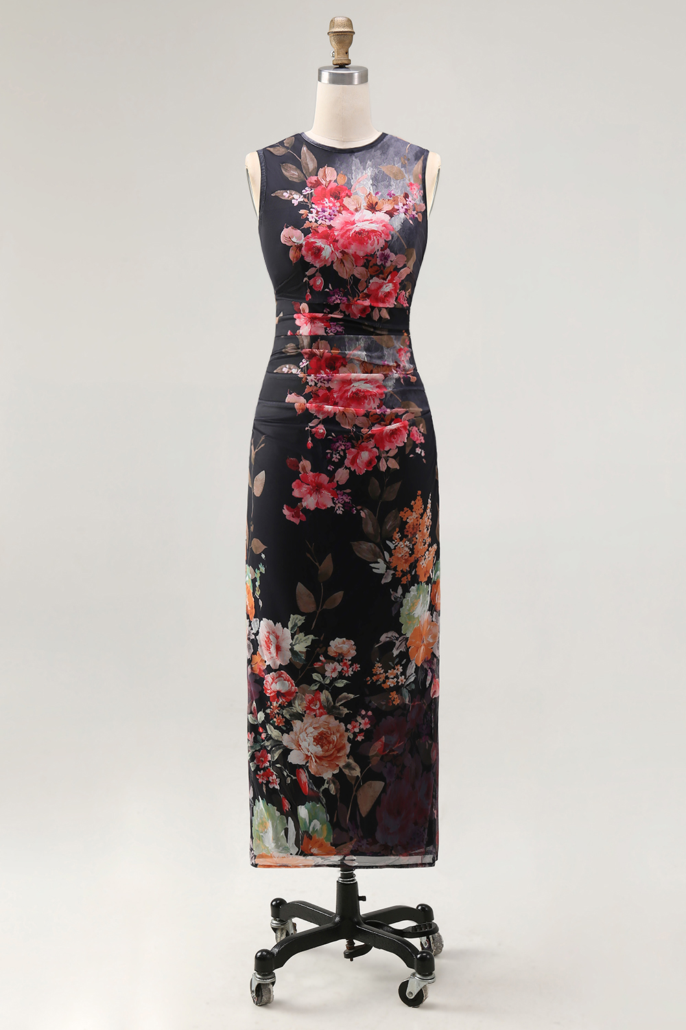 Black Floral Bateau Neck Maxi Bodycon Ruched Beach Wedding Guest Dress
