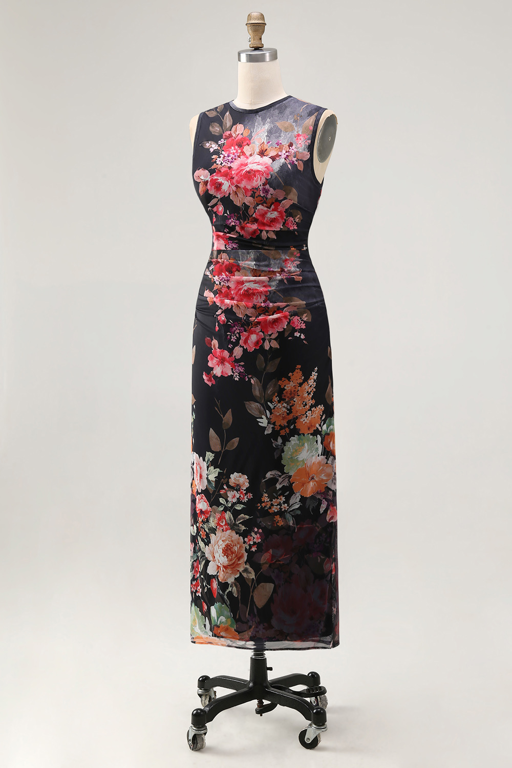 Black Floral Bateau Neck Maxi Bodycon Ruched Beach Wedding Guest Dress