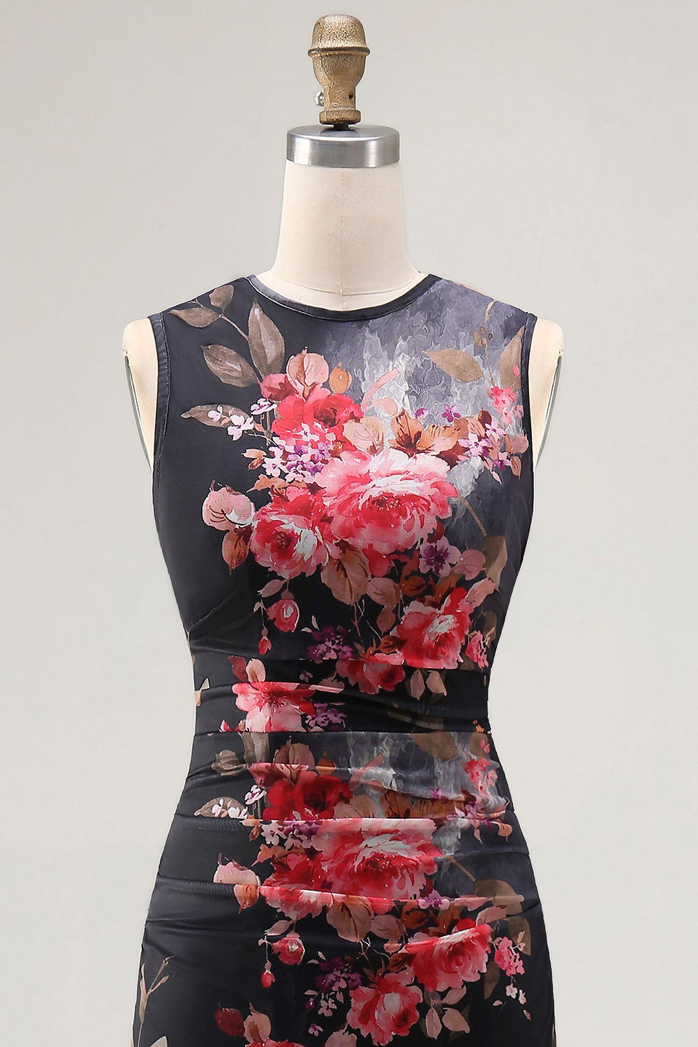 Black Floral Bateau Neck Maxi Bodycon Ruched Beach Wedding Guest Dress