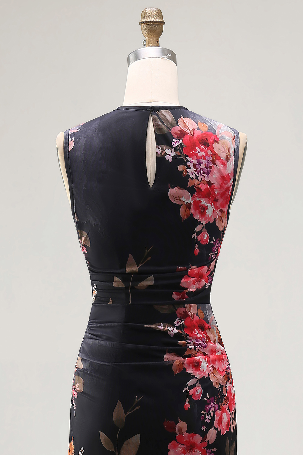 Black Floral Bateau Neck Maxi Bodycon Ruched Beach Wedding Guest Dress
