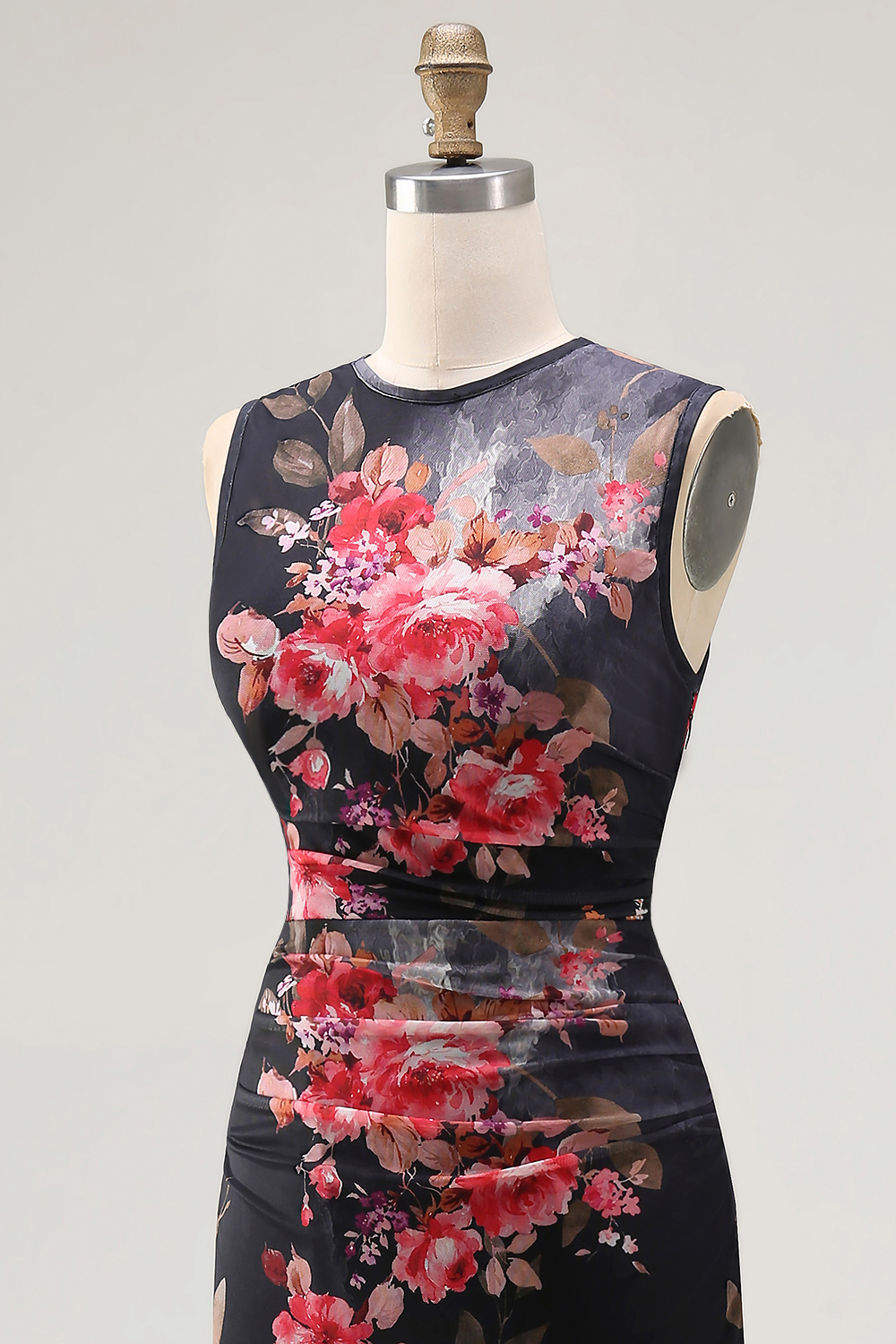 Black Floral Bateau Neck Maxi Bodycon Ruched Beach Wedding Guest Dress
