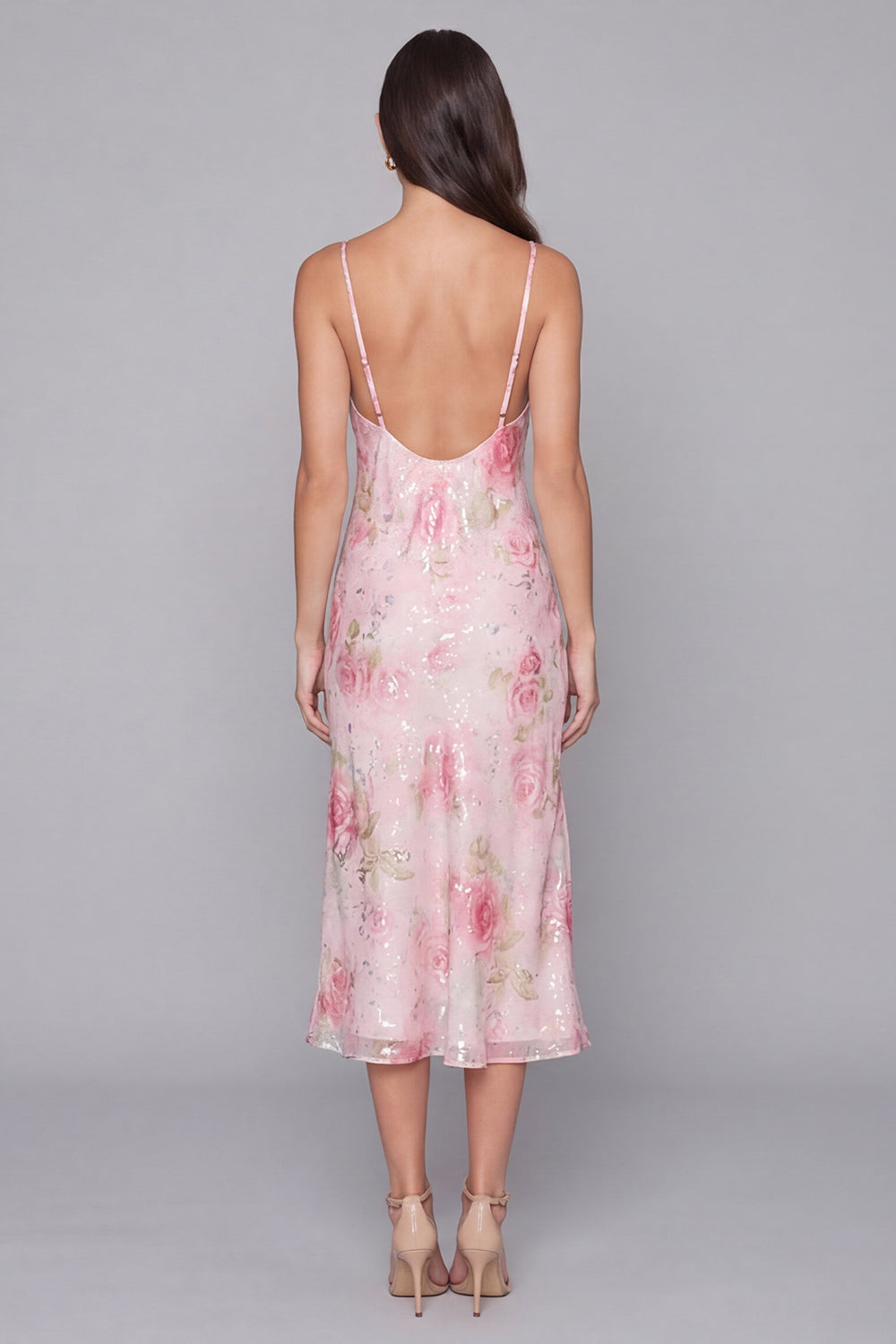 Sparkly Pink Floral Spaghetti Straps Maxi Bodycon Beach Wedding Guest Dress