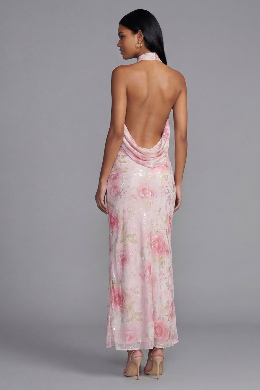 Sparkly Pink Flower Sequin Sheath Floral Maxi Beach Wedding Guest Dress