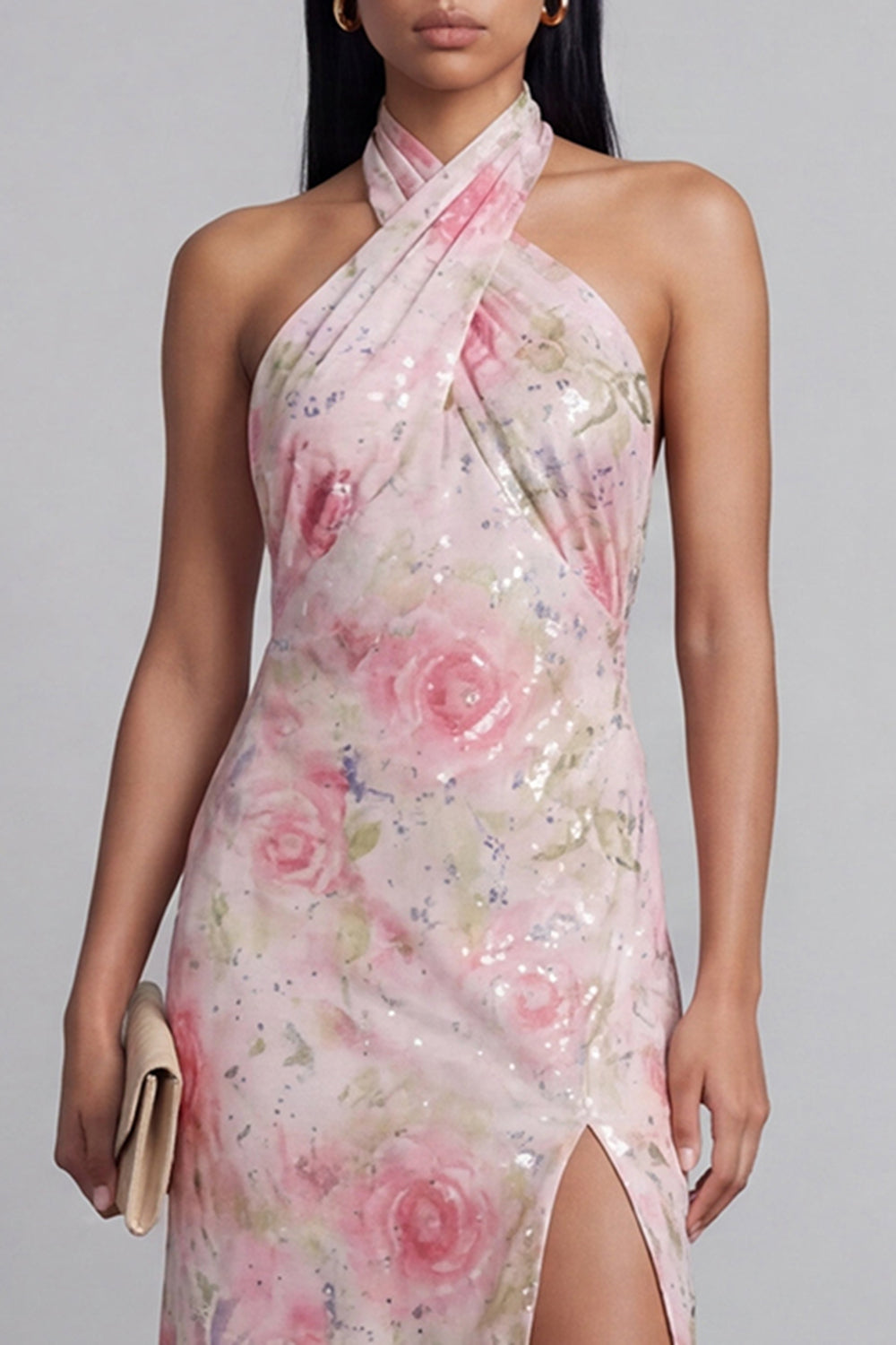 Sparkly Pink Halter Floral Maxi Wedding Guest Dress with Slit