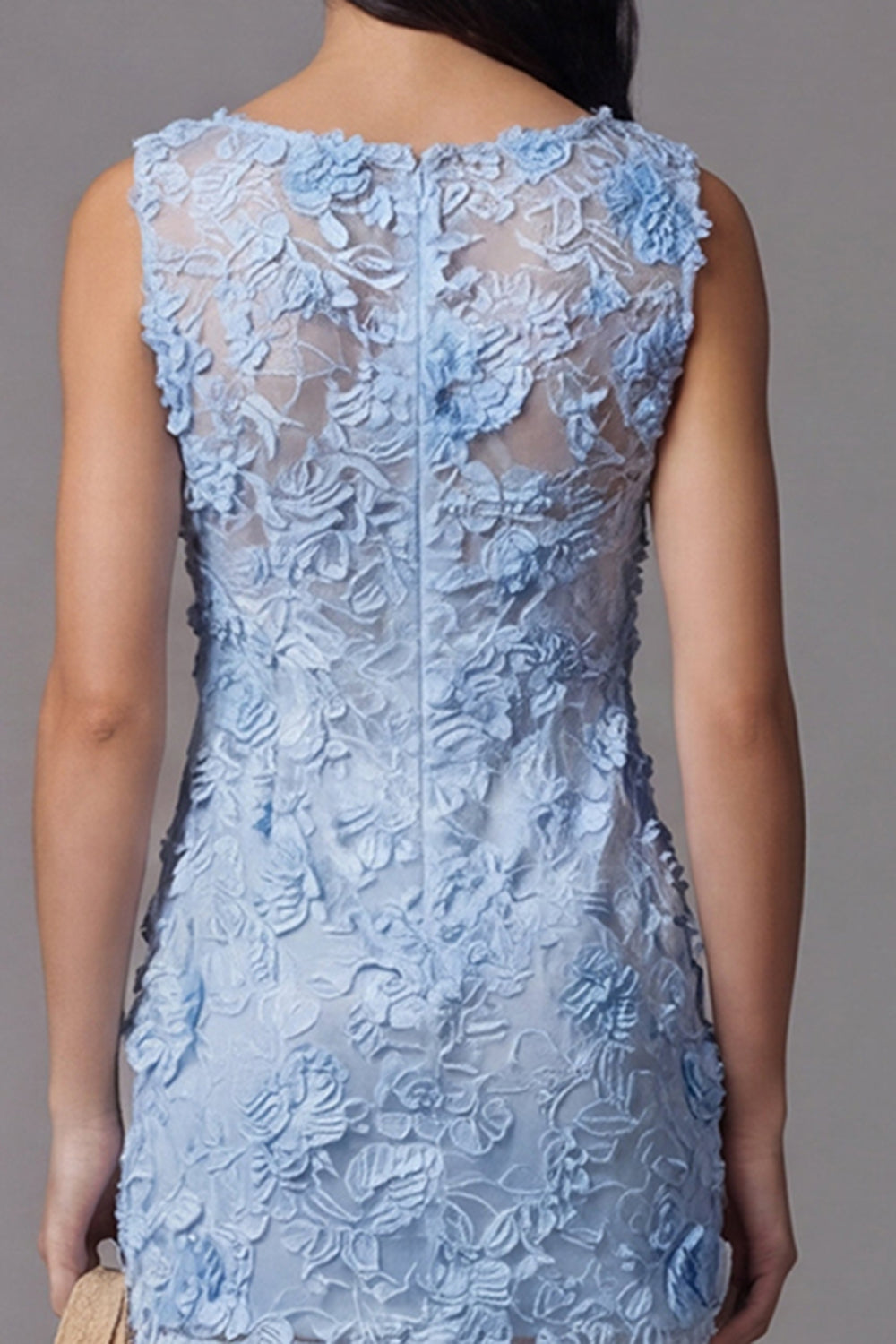 Blue Floral Tight Boat Neck Short Homecoming Dress