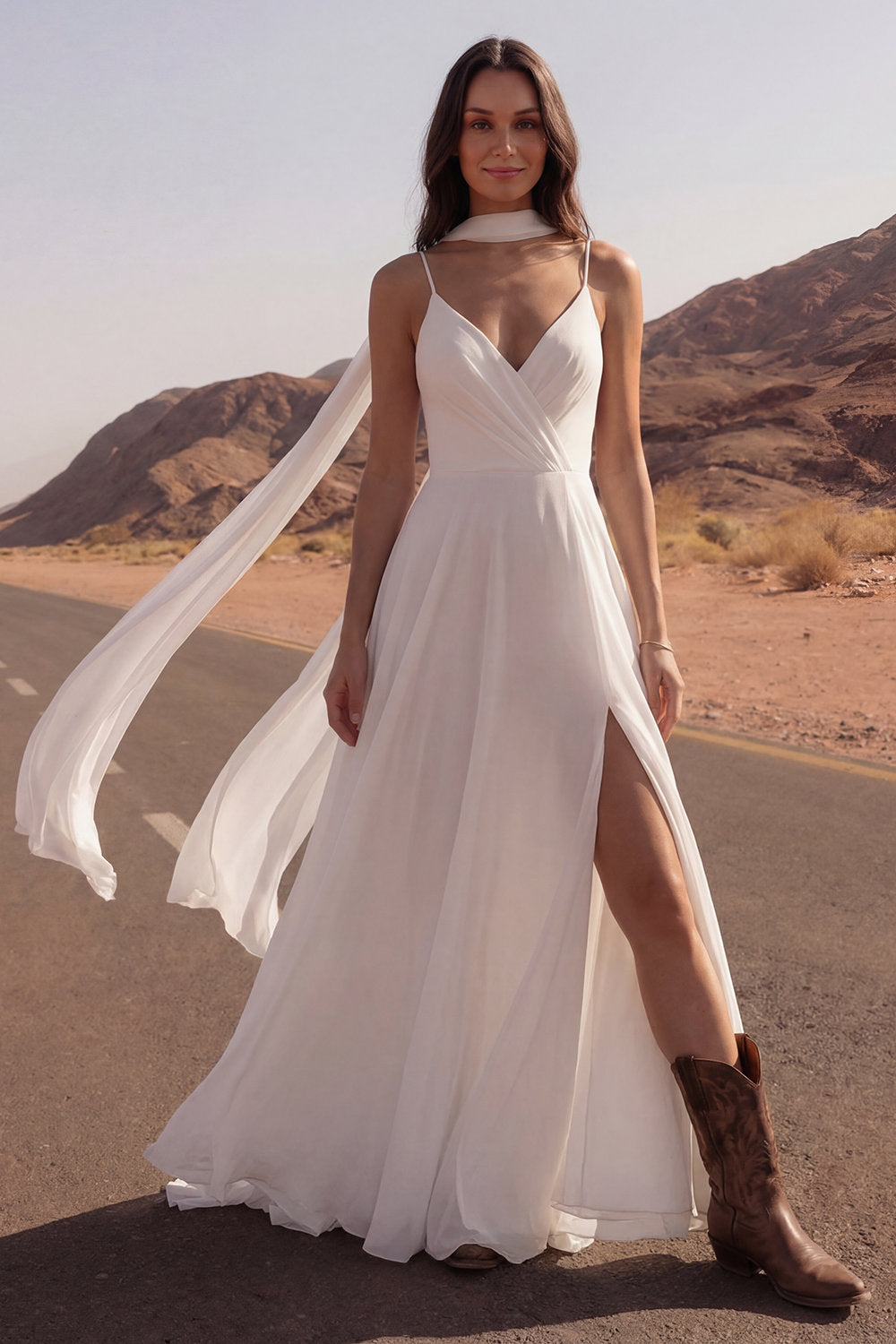 Ivory Spaghetti Straps Maxi A Line Reception Dress for Bride with Slit