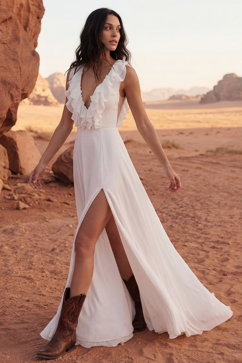 A Line Ivory Maxi V-Neck Ruffled Reception Dress for Bride with Slit