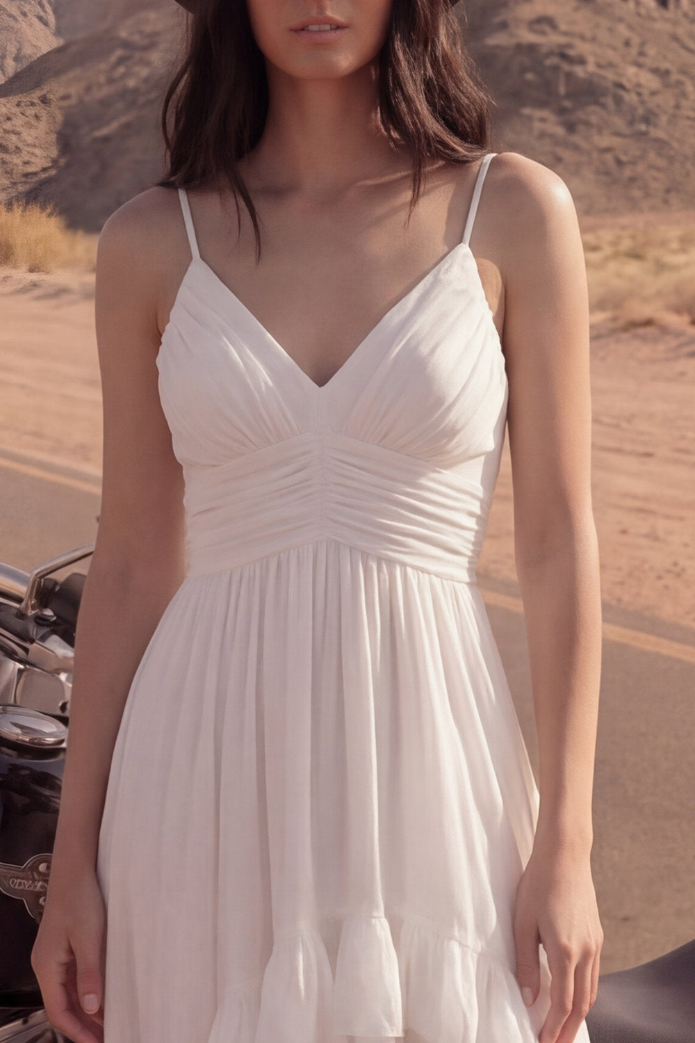 Ivory A Line High-Low Spaghetti Straps Reception Dress for Bride with Ruffles
