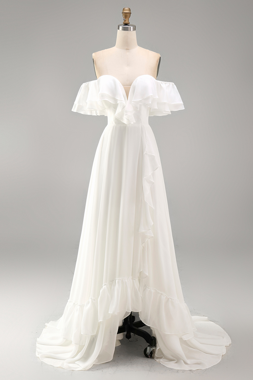 Ivory A Line Maxi Off the Shoulder Reception Dress for Bride with Ruffles
