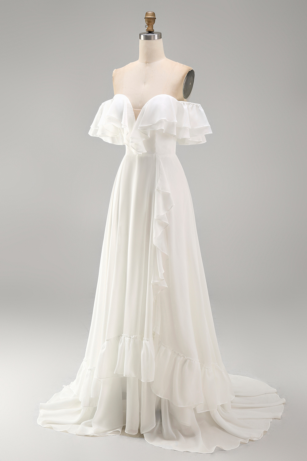 Ivory A Line Maxi Off the Shoulder Reception Dress for Bride with Ruffles