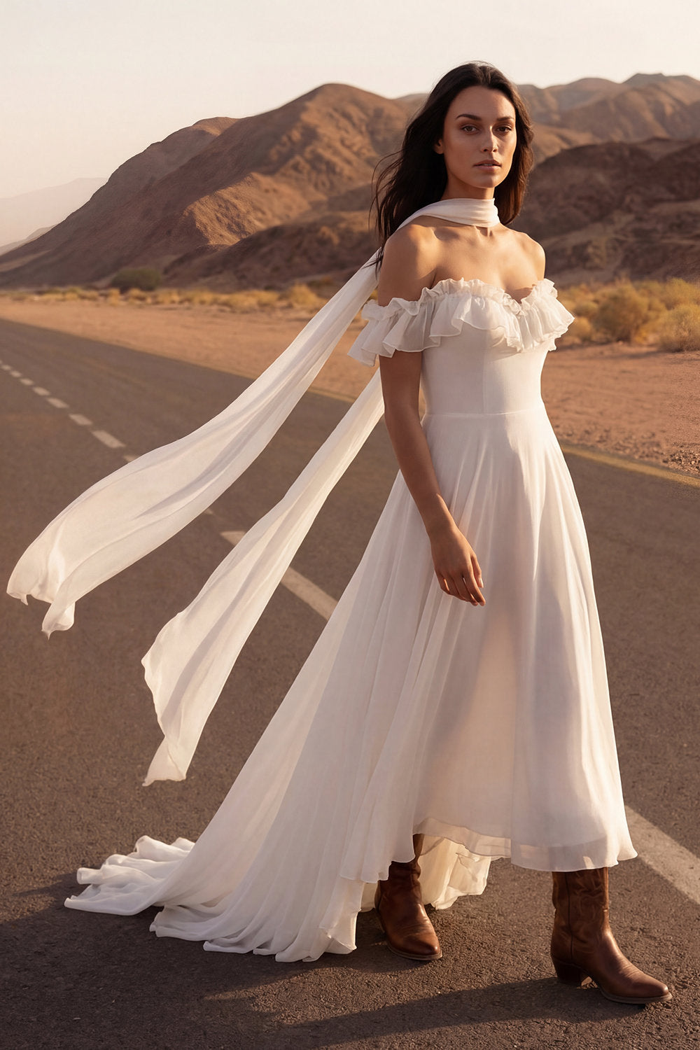 A Line Ivory Neck Scarf Ruffled Chiffon Reception Dress for Bride