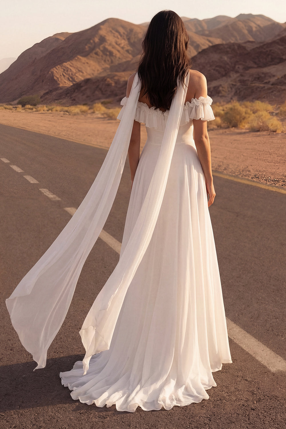 A Line Ivory Neck Scarf Ruffled Chiffon Reception Dress for Bride