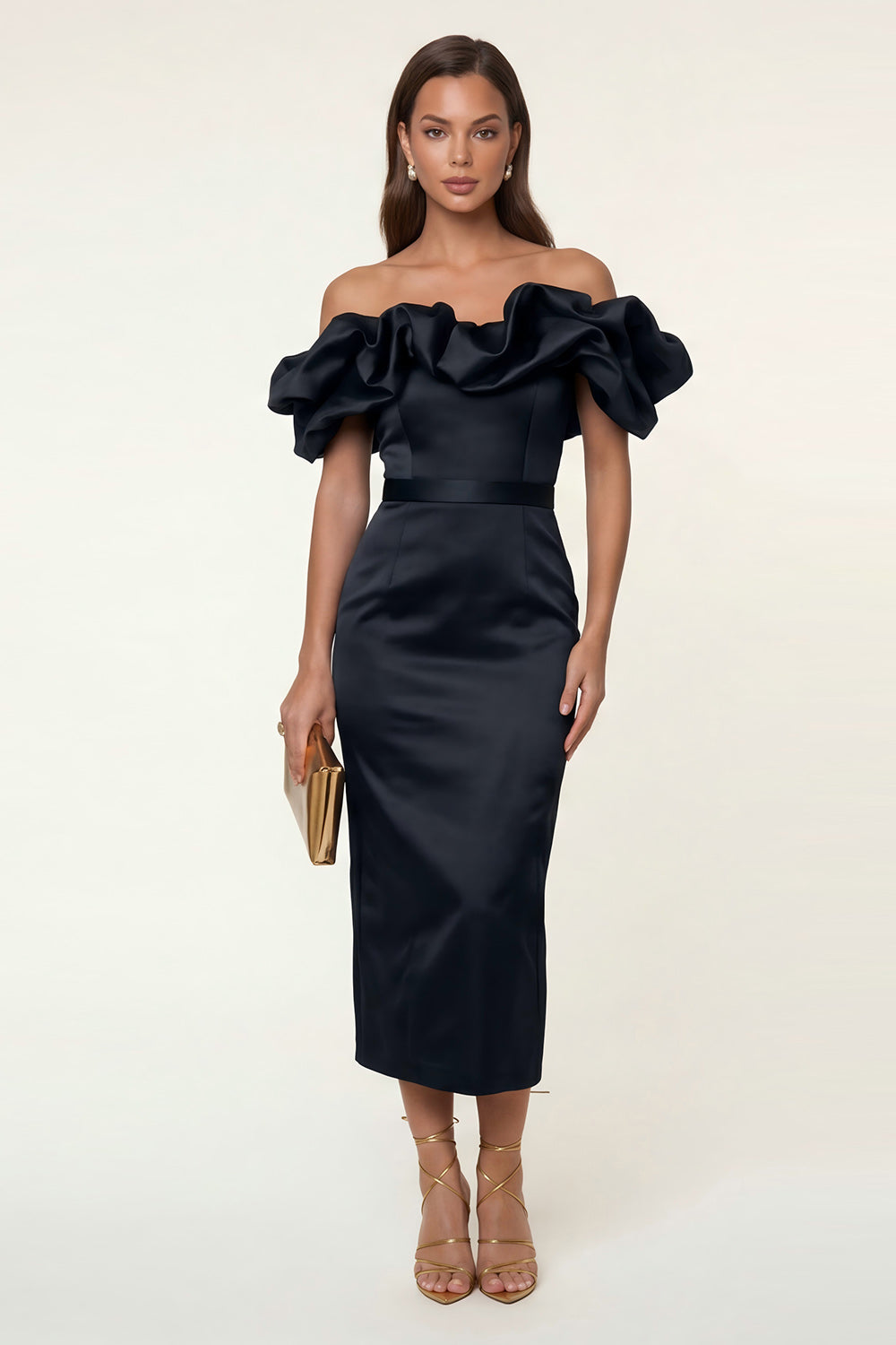 Black Satin Off The Shoulder Bodycon Maxi Wedding Guest Dress with Ruffles