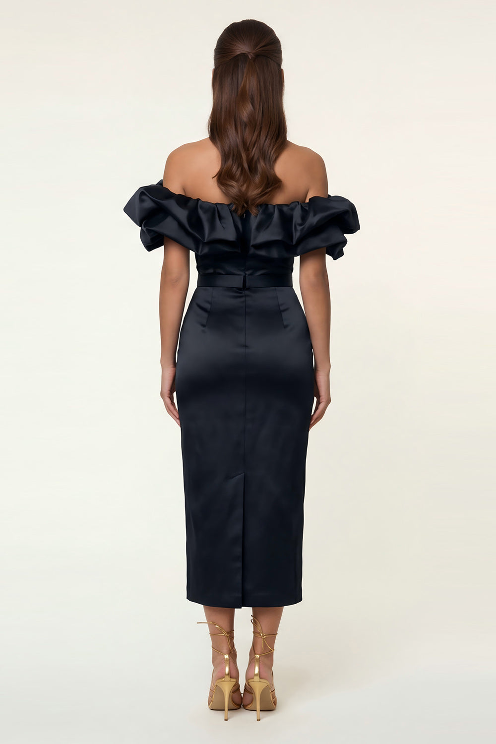 Black Satin Off The Shoulder Bodycon Maxi Wedding Guest Dress with Ruffles