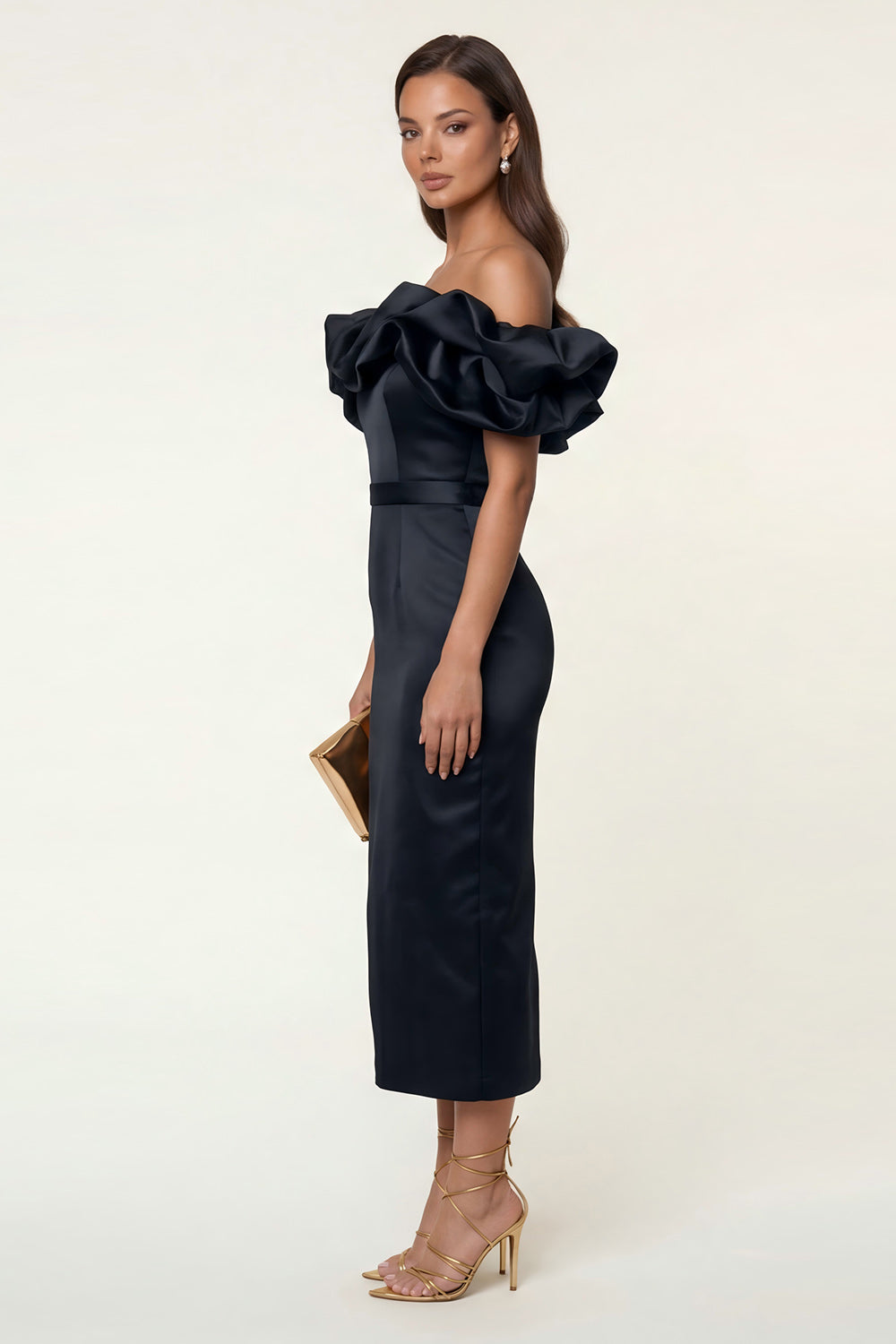 Black Satin Off The Shoulder Bodycon Maxi Wedding Guest Dress with Ruffles