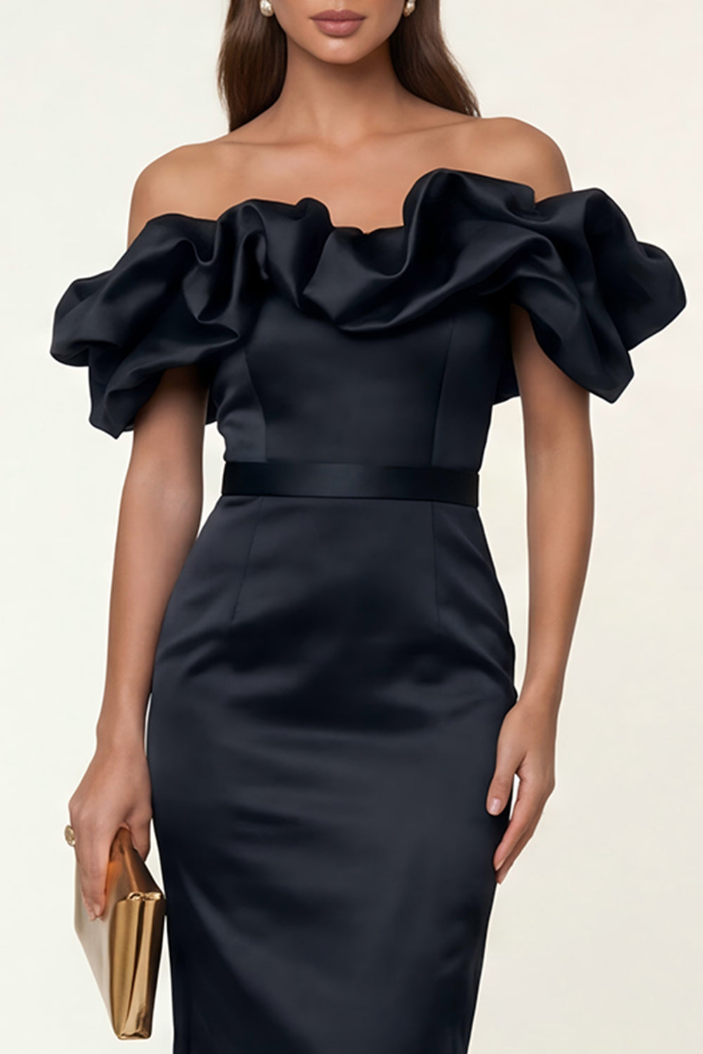 Black Satin Off The Shoulder Bodycon Maxi Wedding Guest Dress with Ruffles