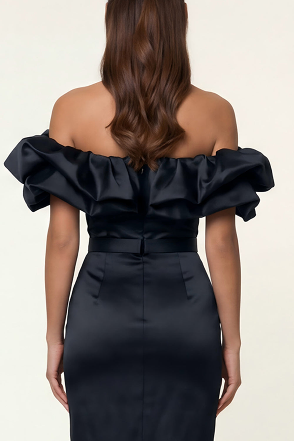 Black Satin Off The Shoulder Bodycon Maxi Wedding Guest Dress with Ruffles
