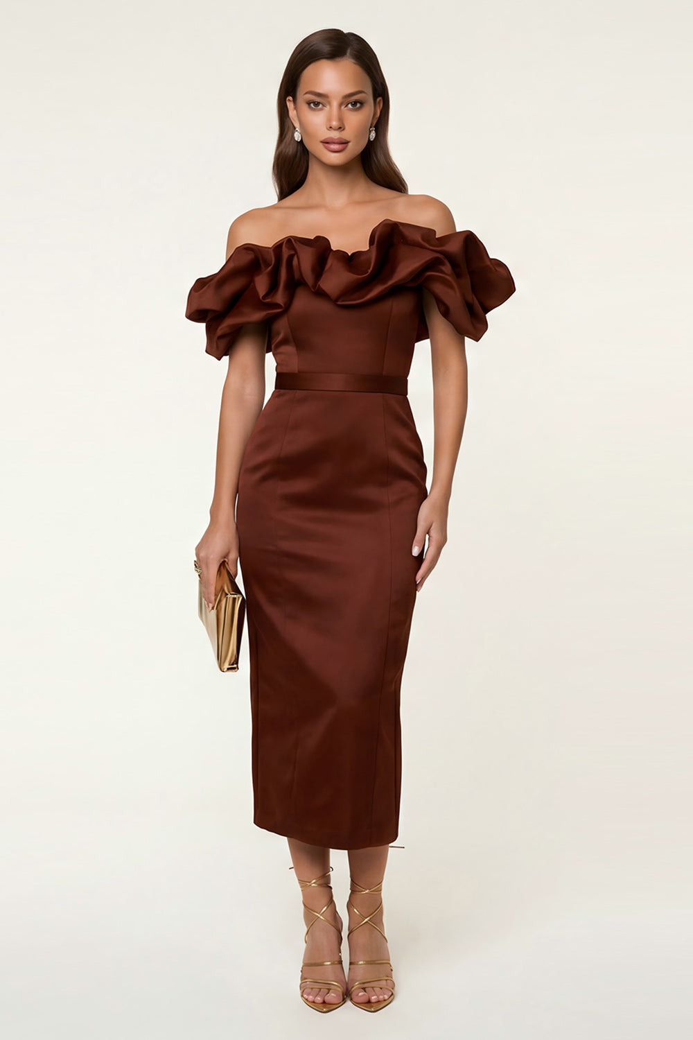 Black Satin Off The Shoulder Bodycon Maxi Wedding Guest Dress with Ruffles