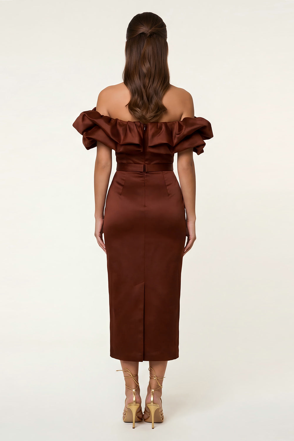 Black Satin Off The Shoulder Bodycon Maxi Wedding Guest Dress with Ruffles