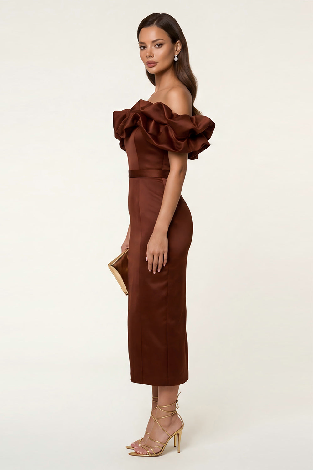 Black Satin Off The Shoulder Bodycon Maxi Wedding Guest Dress with Ruffles