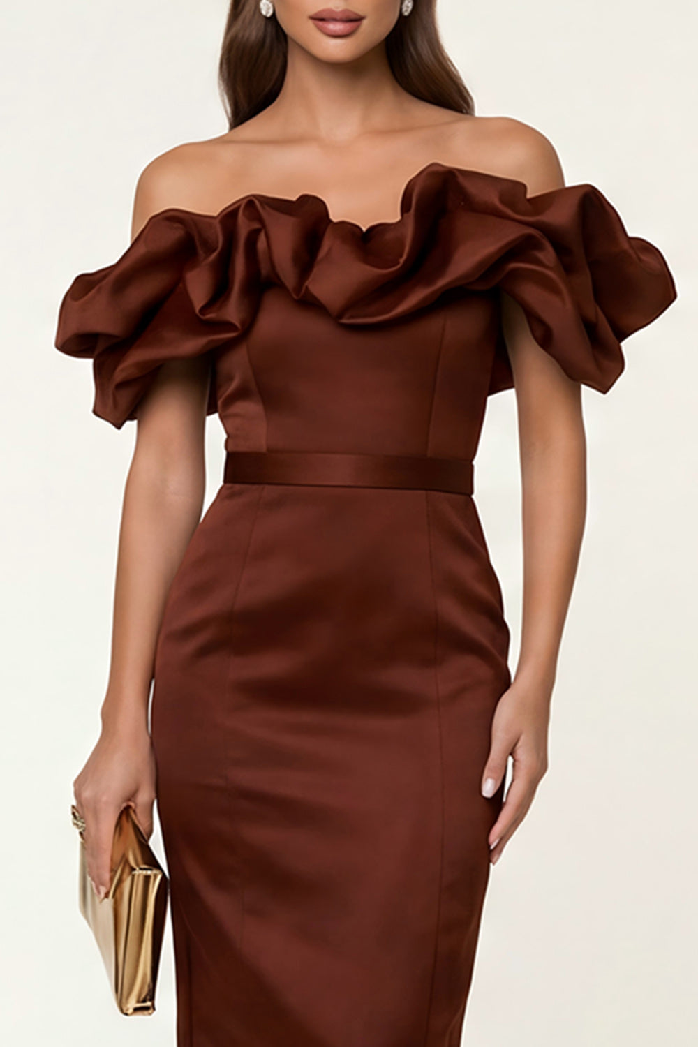 Black Satin Off The Shoulder Bodycon Maxi Wedding Guest Dress with Ruffles