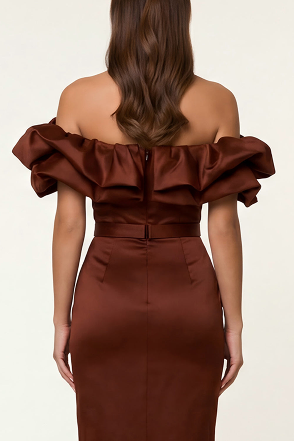 Black Satin Off The Shoulder Bodycon Maxi Wedding Guest Dress with Ruffles