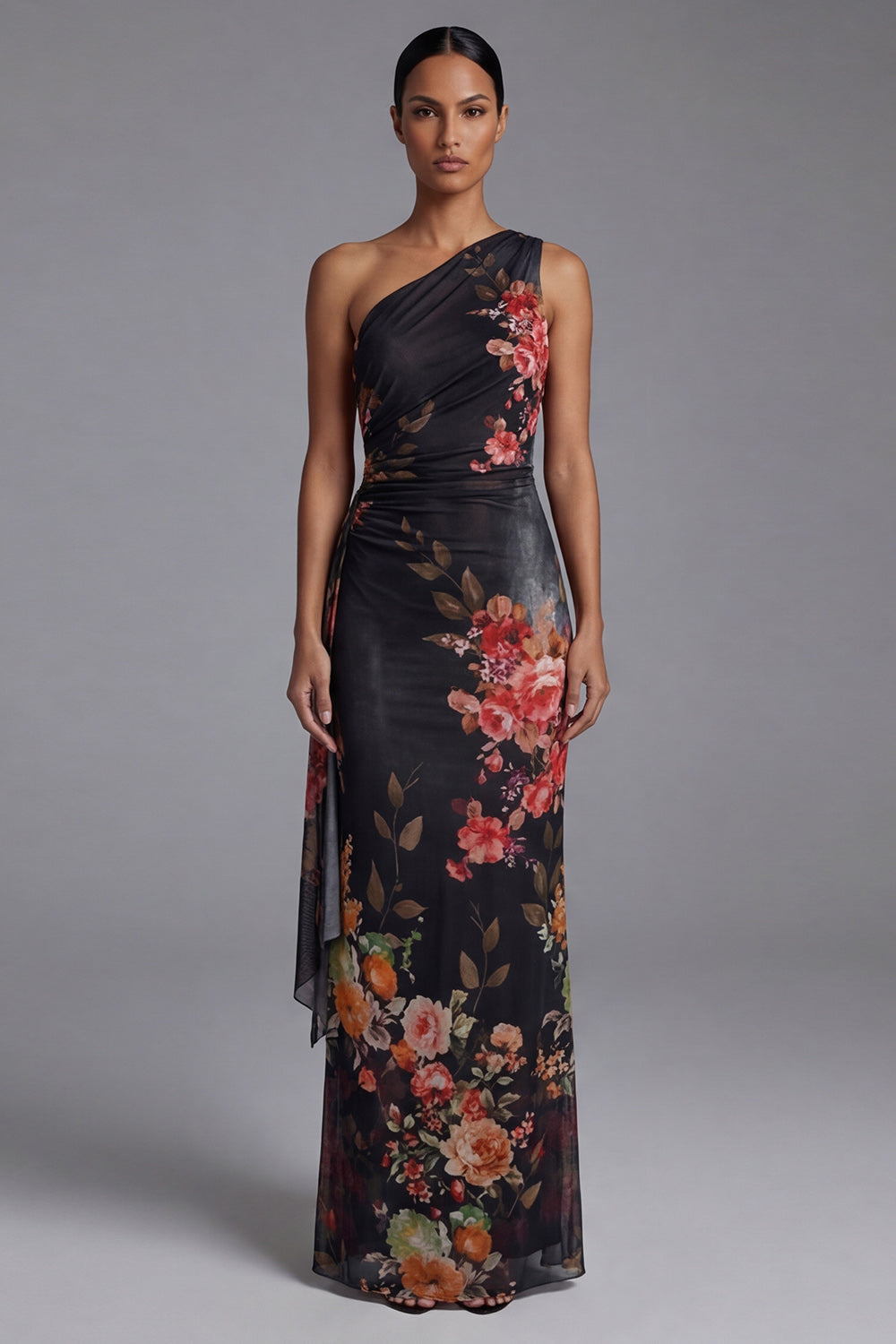 Black Floral Sheath Maxi Ruched Evening Dress