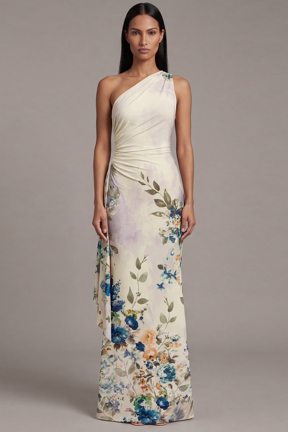 Black Floral Sheath Maxi Ruched Evening Dress