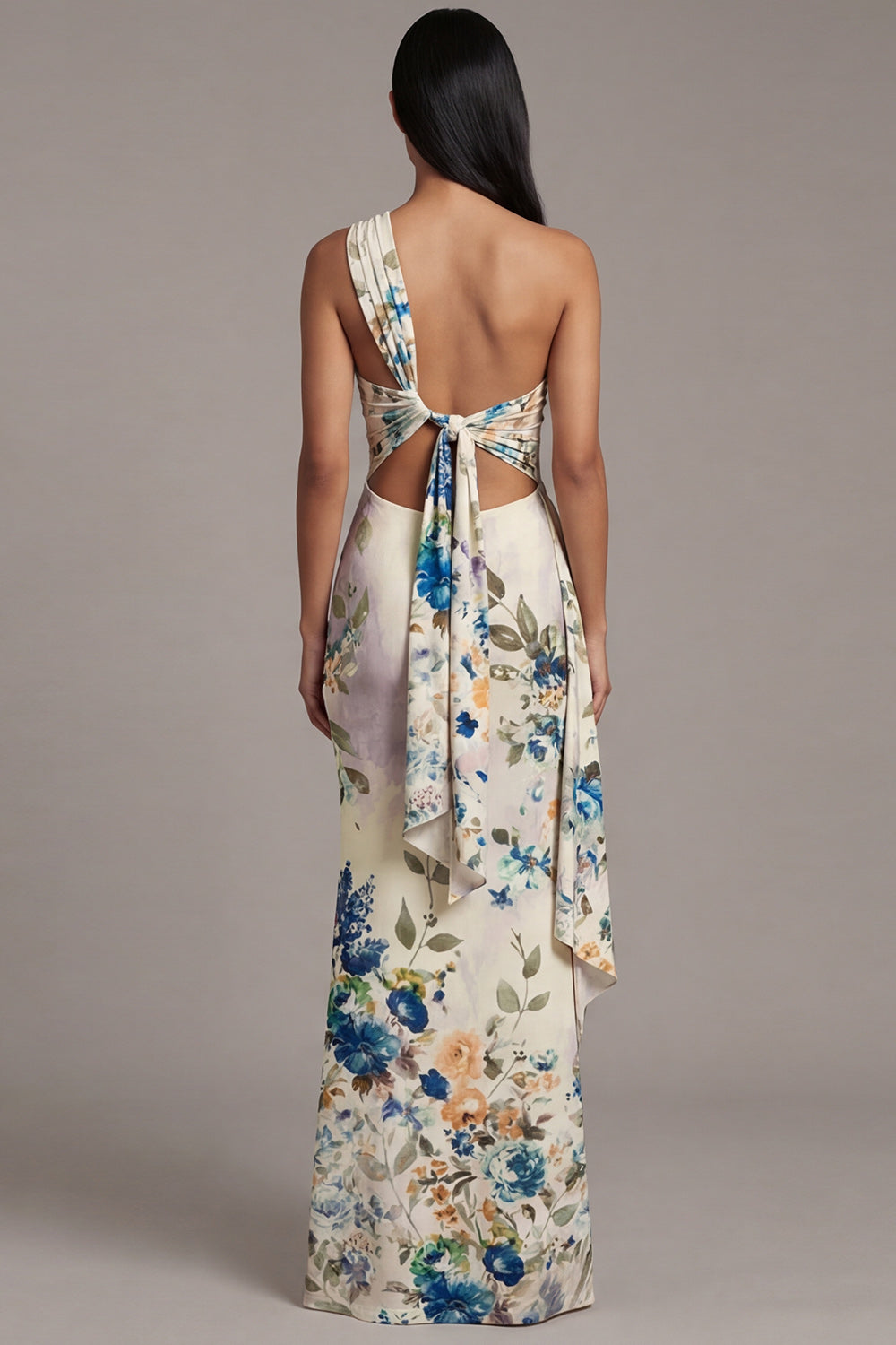 Black Floral Sheath Maxi Ruched Evening Dress